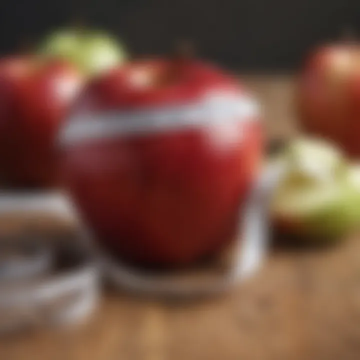 Close-up of an apple with a measuring tape