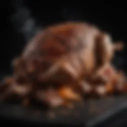 A beautifully roasted whole lamb on a spit, showcasing the rich brown color and crispy skin.