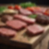 A variety of plant-based meat alternatives displayed on a wooden table