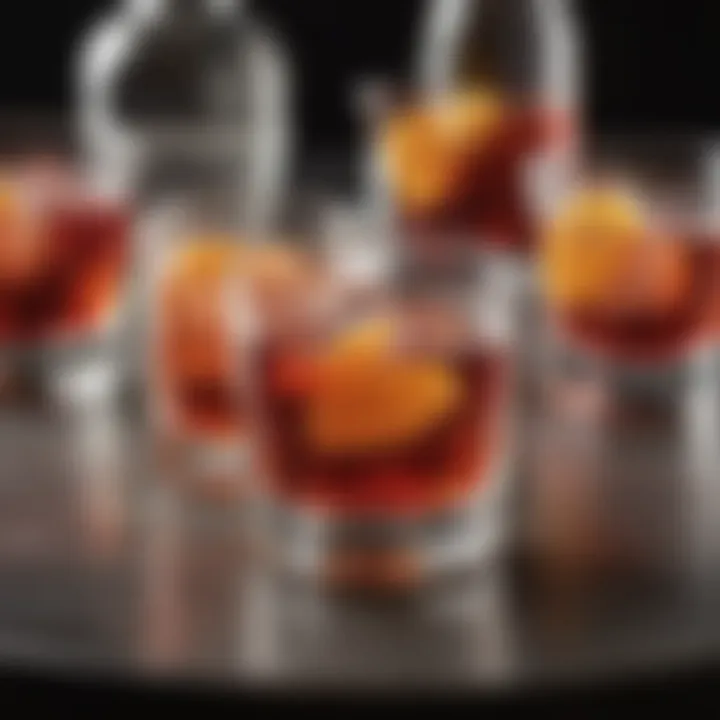 Artistic arrangement of Negroni variations on a bar top