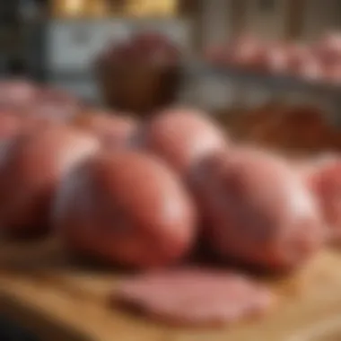An array of different types of ham displayed attractively in a butcher shop