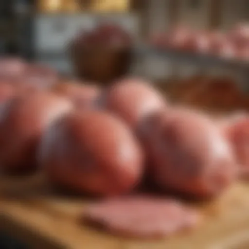 An array of different types of ham displayed attractively in a butcher shop
