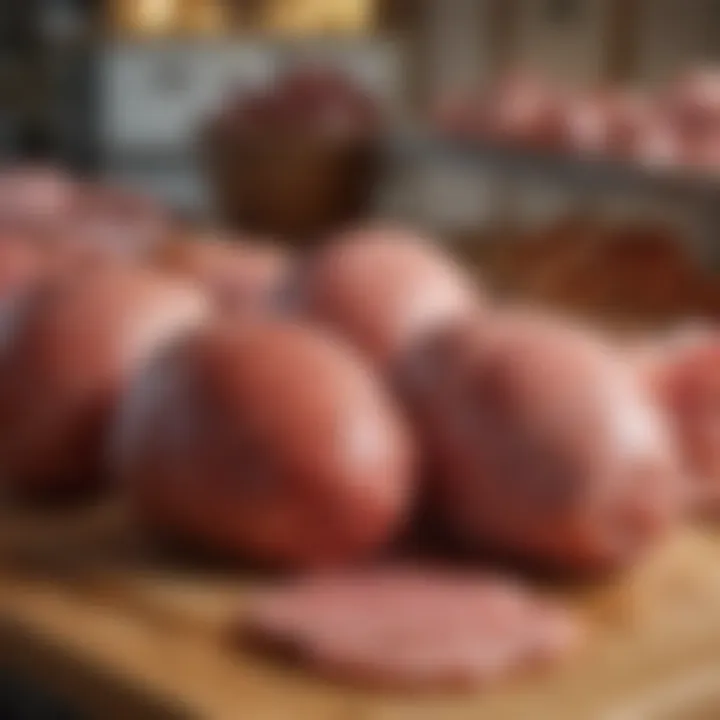 An array of different types of ham displayed attractively in a butcher shop