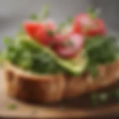 Avocado Toast Delight A close-up of a vibrant avocado toast topped with radishes and microgreens.
