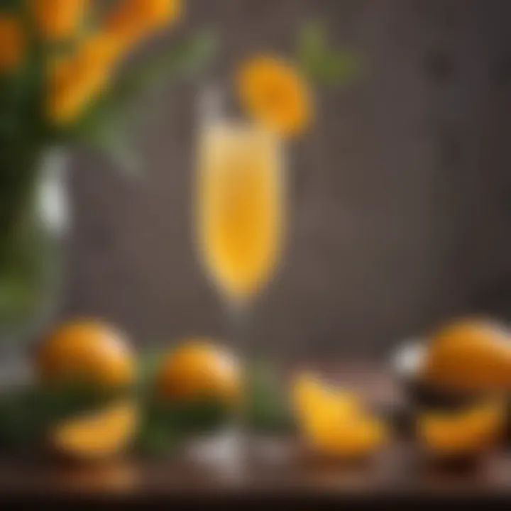 An elegant glass of mimosa with fresh orange slices and sparkling wine.