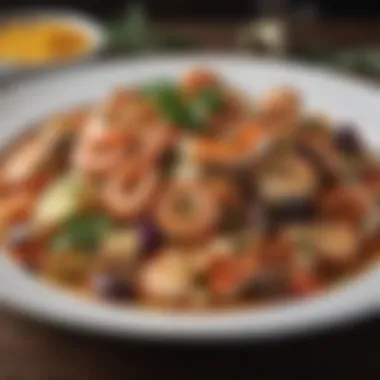 Mediterranean Seafood Dish A beautiful presentation of Mediterranean seafood dish garnished with fresh herbs
