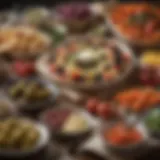 A vibrant spread of Mediterranean delicacies featuring olives, cheese, and fresh vegetables