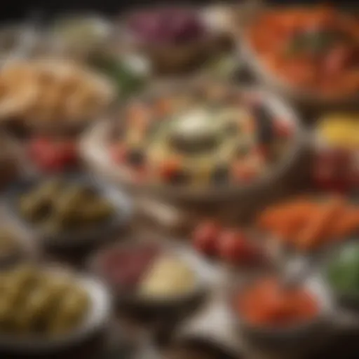 A vibrant spread of Mediterranean delicacies featuring olives, cheese, and fresh vegetables