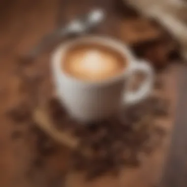 Freshly roasted coffee beans and cocoa powder on a wooden table