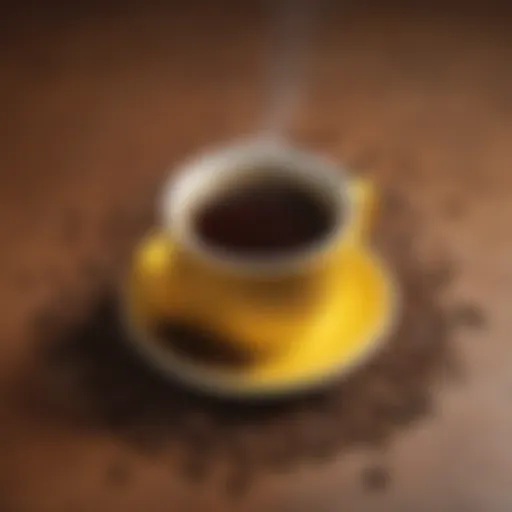 A vibrant cup of Café Bustelo coffee surrounded by coffee beans and a textured background.