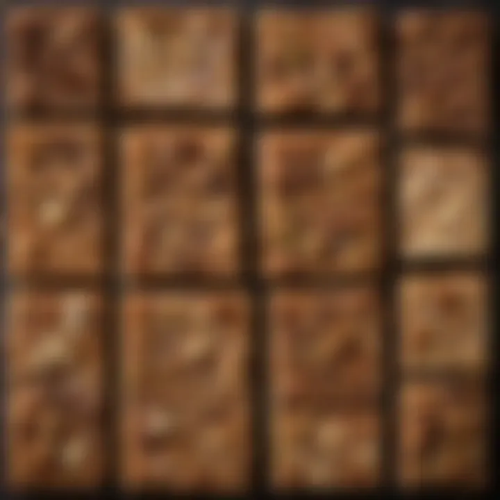 An assortment of walnut squares with various toppings displayed on a rustic surface