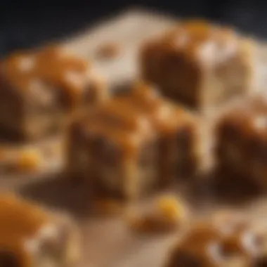 Decadent Walnut Squares with Caramel Close-up of walnut squares with a drizzle of caramel sauce