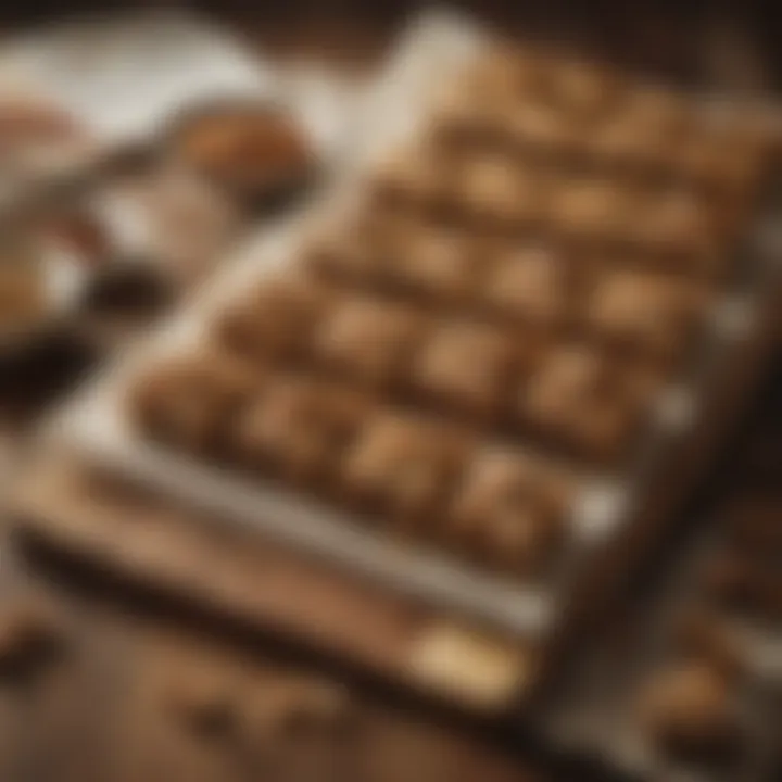 An artistic shot of walnut squares beside an open cookbook