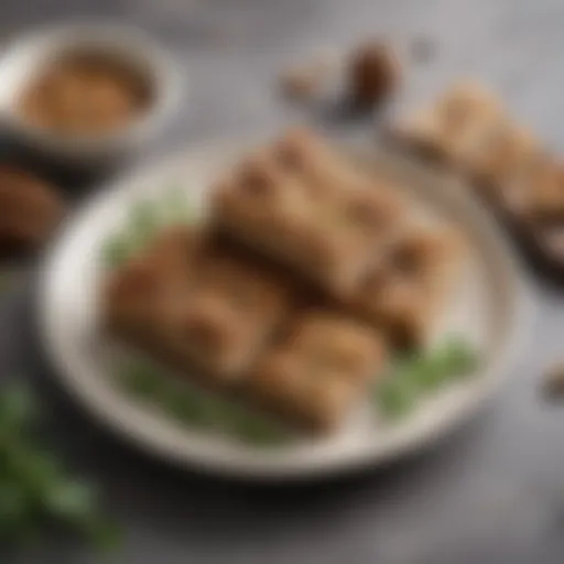 A beautifully arranged plate of walnut squares adorned with fresh herbs
