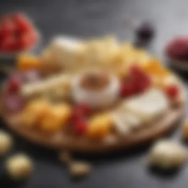 A close-up of a gourmet cheese platter adorned with sliced cheeses and accompaniments