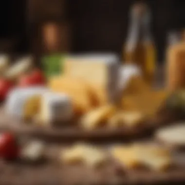 A visually appealing arrangement of sliced cheeses against a rustic background