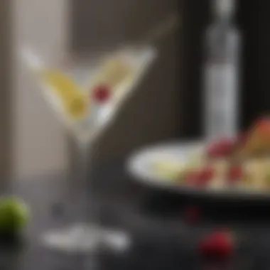 A close-up of a vodka martini with precision garnishes