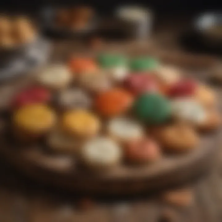 An array of colorful Italian cookies displayed on a rustic wooden table.