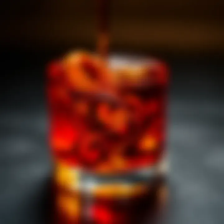 A close-up of rum poured into a glass with rich amber hues and unique swirling patterns.