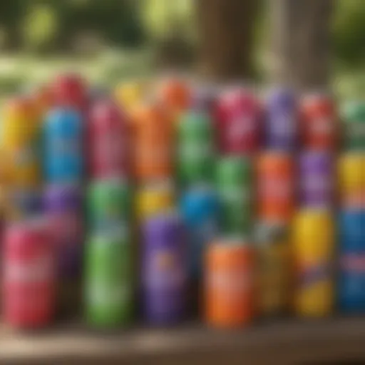 A colorful assortment of koozies for plastic soda bottles displayed in an outdoor setting