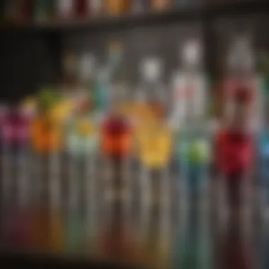 A vibrant array of colorful vodka shots lined up on a bar