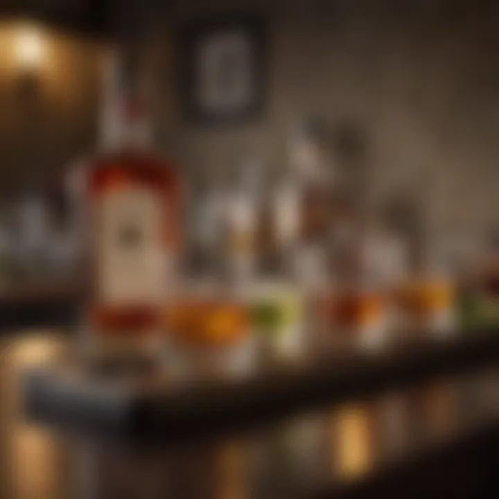 An elegant bar setup featuring whiskey and various garnishes