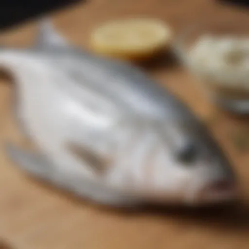 Close-up of fresh whiting fish on a wooden board