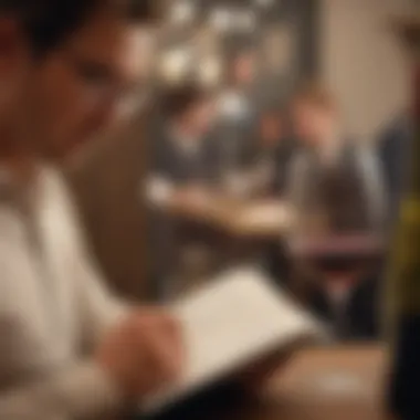 A close-up shot of a person taking notes while reading a wine education book, emphasizing the learning process.