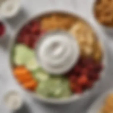 A beautifully plated dish showcasing WW Greek Yogurt Ranch Dip as a condiment for various snacks