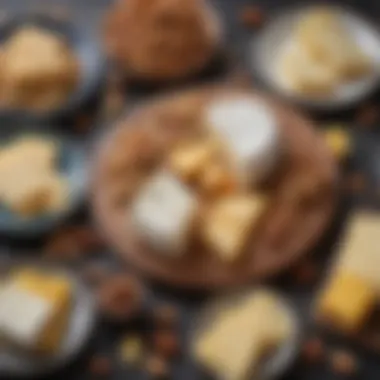 A visually appealing plate of assorted cheeses and nuts arranged artistically