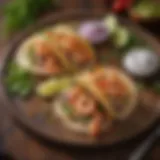 A vibrant plate of shrimp tacos garnished with fresh cilantro and lime