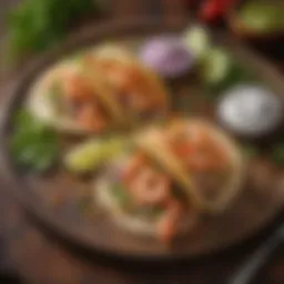 A vibrant plate of shrimp tacos garnished with fresh cilantro and lime