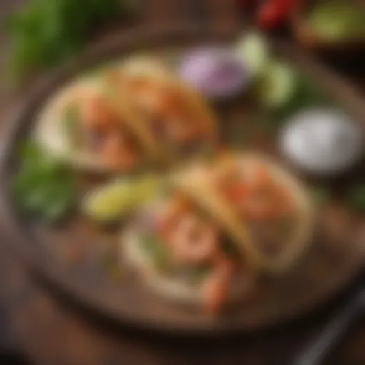 A vibrant plate of shrimp tacos garnished with fresh cilantro and lime