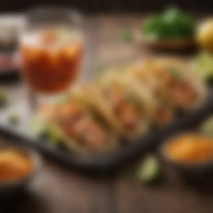 A delightful pairing of shrimp tacos with a refreshing beverage