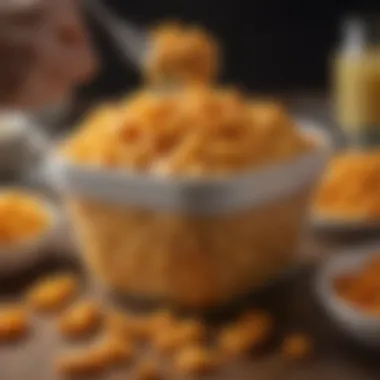 A tantalizing view of a fork lifting cheesy macaroni adorned with Cheetos, inviting a taste.