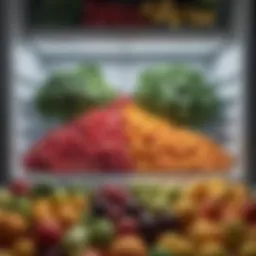 An assortment of frozen fruits and vegetables arranged aesthetically in a freezer