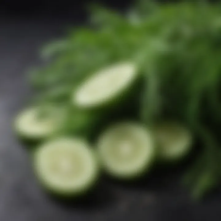 Close-up of freshly harvested dill sprigs and cucumbers ready for pickling