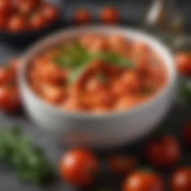 A close-up of fresh tomatoes and herbs used in vodka sauce preparation