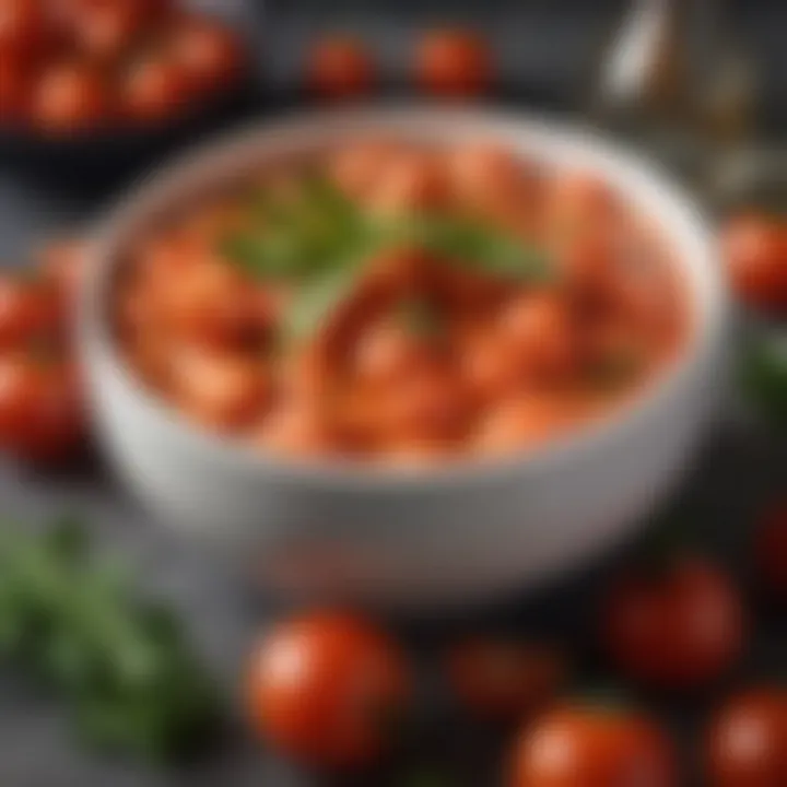 A close-up of fresh tomatoes and herbs used in vodka sauce preparation