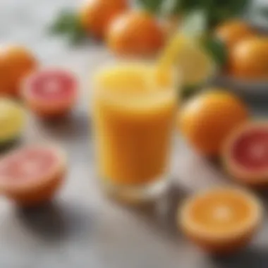 Freshly squeezed citrus juice in a glass with fruits around