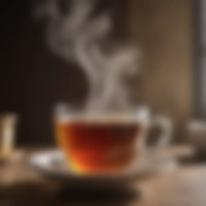 A close-up of a cup of tea with steam rising, highlighting the rich color and aroma.