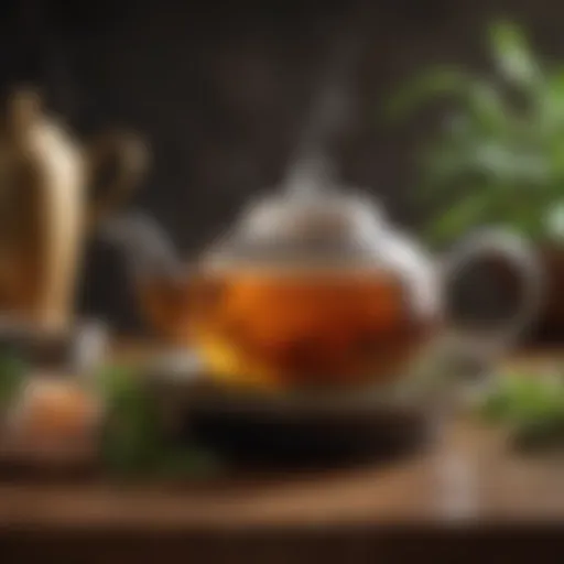 An elegant teapot filled with steaming tea surrounded by fresh tea leaves.