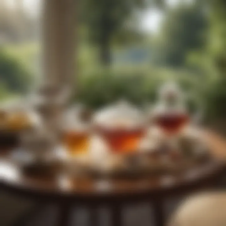 A serene tea-drinking setting with a beautifully set table and a view of nature.