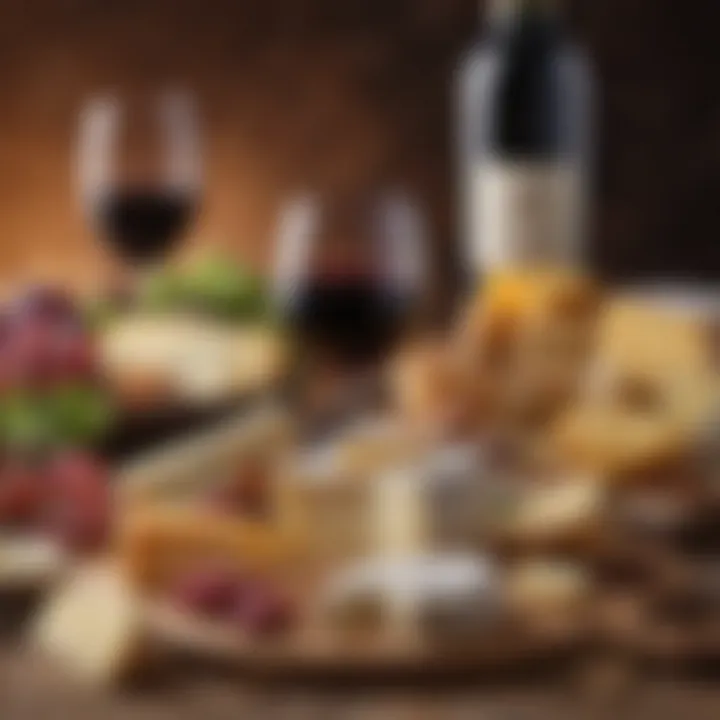 A close-up of gourmet cheeses paired with various wines