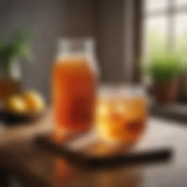Kombucha in a Tranquil Environment A serene setting with a glass of kombucha on a table
