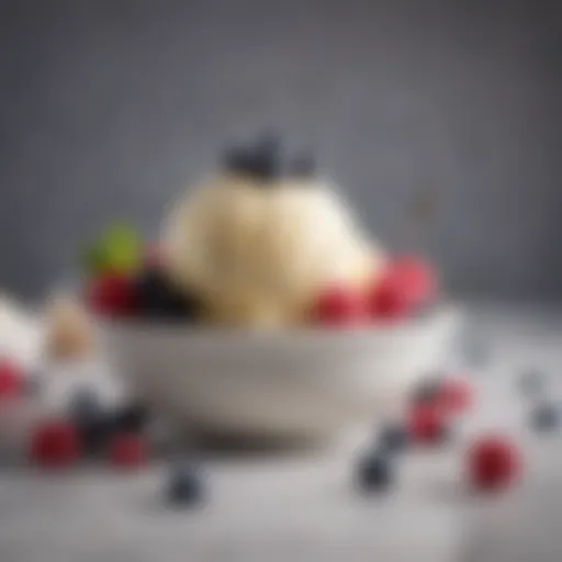 A bowl of creamy vanilla ice cream topped with fresh berries.