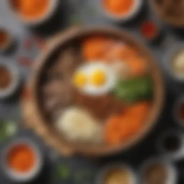 Flavor Components of Bibimbap An artistic display of the different flavor components that make up a Bibimbap bowl
