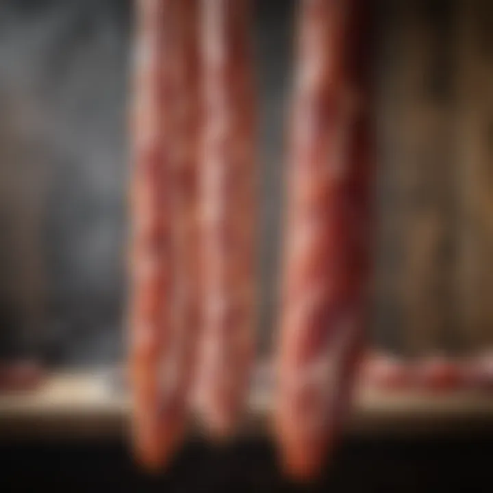 Artisanal bacon hanging in a traditional smokehouse