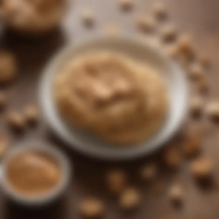 Bowl of creamy peanut butter surrounded by raw ingredients