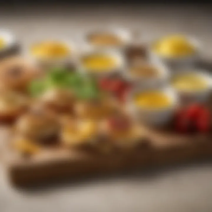 A wooden board featuring an array of dishes accented with honey mustard, highlighting its versatility.